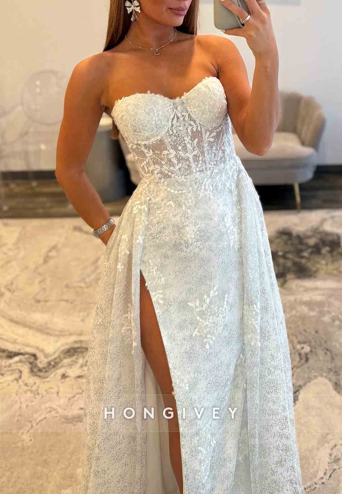 Sweetheart Appliqued Strapless A-Line High Slit Floor-Length Pleated Prom Dresses