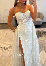 Sweetheart Appliqued Strapless A-Line High Slit Floor-Length Pleated Prom Dresses