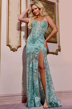 Applique Sequins Sparkle Sheer Spaghetti Straps Mermaid Side Slit Prom Dress