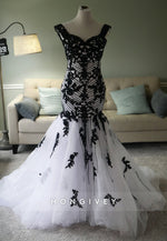 Black And White Off the Shoulder Tulle Trumpet Wedding Dress with Appliques