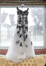 Black And White Off the Shoulder Tulle Trumpet Wedding Dress with Appliques