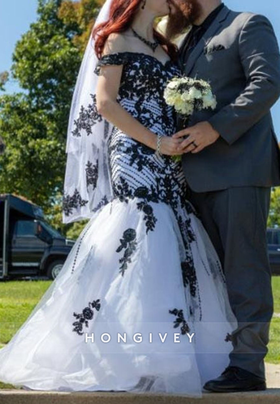 Black And White Off the Shoulder Tulle Trumpet Wedding Dress with Appliques
