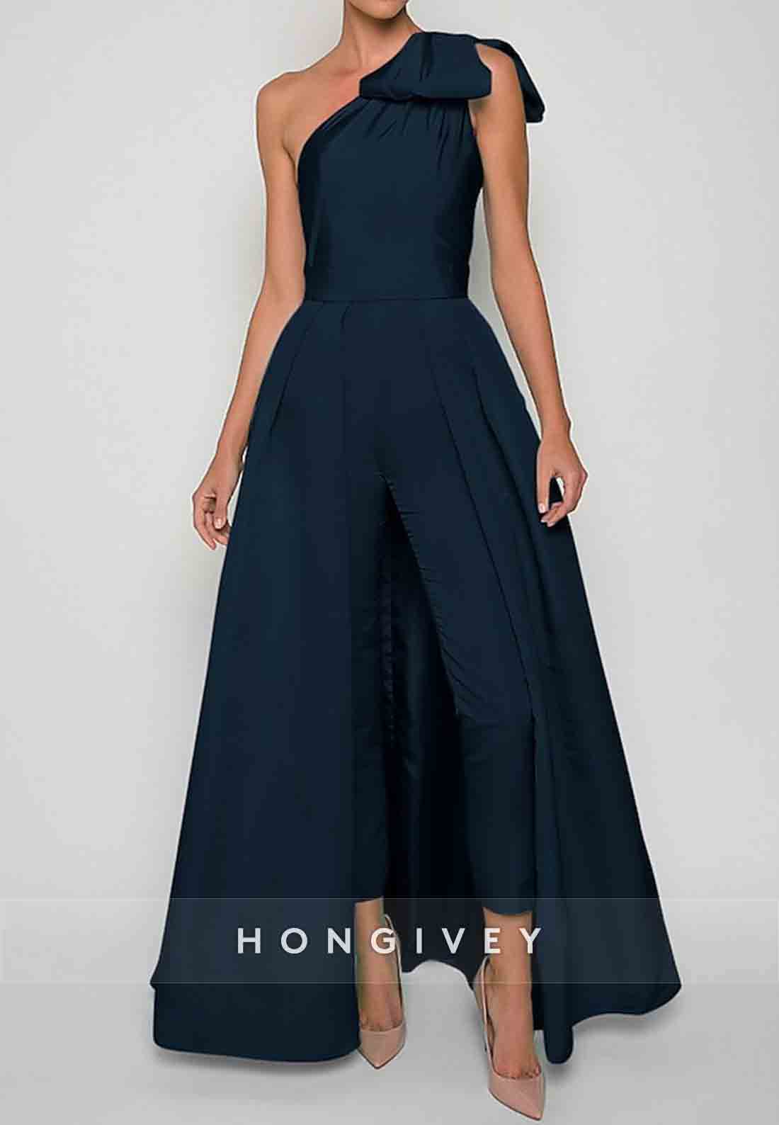 Sleeveless Jumpsuits Evening Gown Formal Wedding Guest One Shoulder Convertible Stretch Fabric with Bow(s) Pleats Overs