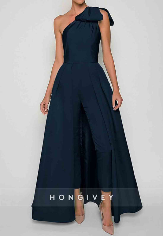 Sleeveless Jumpsuits Evening Gown Formal Wedding Guest One Shoulder Convertible Stretch Fabric with Bow(s) Pleats Overs