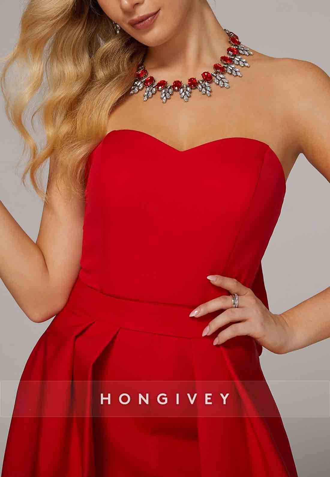 Jumpsuits Floor Length Red Sleeveless Sweetheart Evening Gown with Pocket