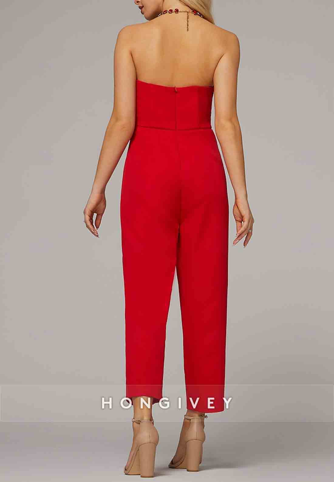Jumpsuits Floor Length Red Sleeveless Sweetheart Evening Gown with Pocket