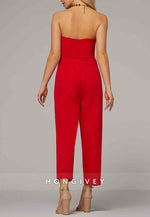 Jumpsuits Floor Length Red Sleeveless Sweetheart Evening Gown with Pocket