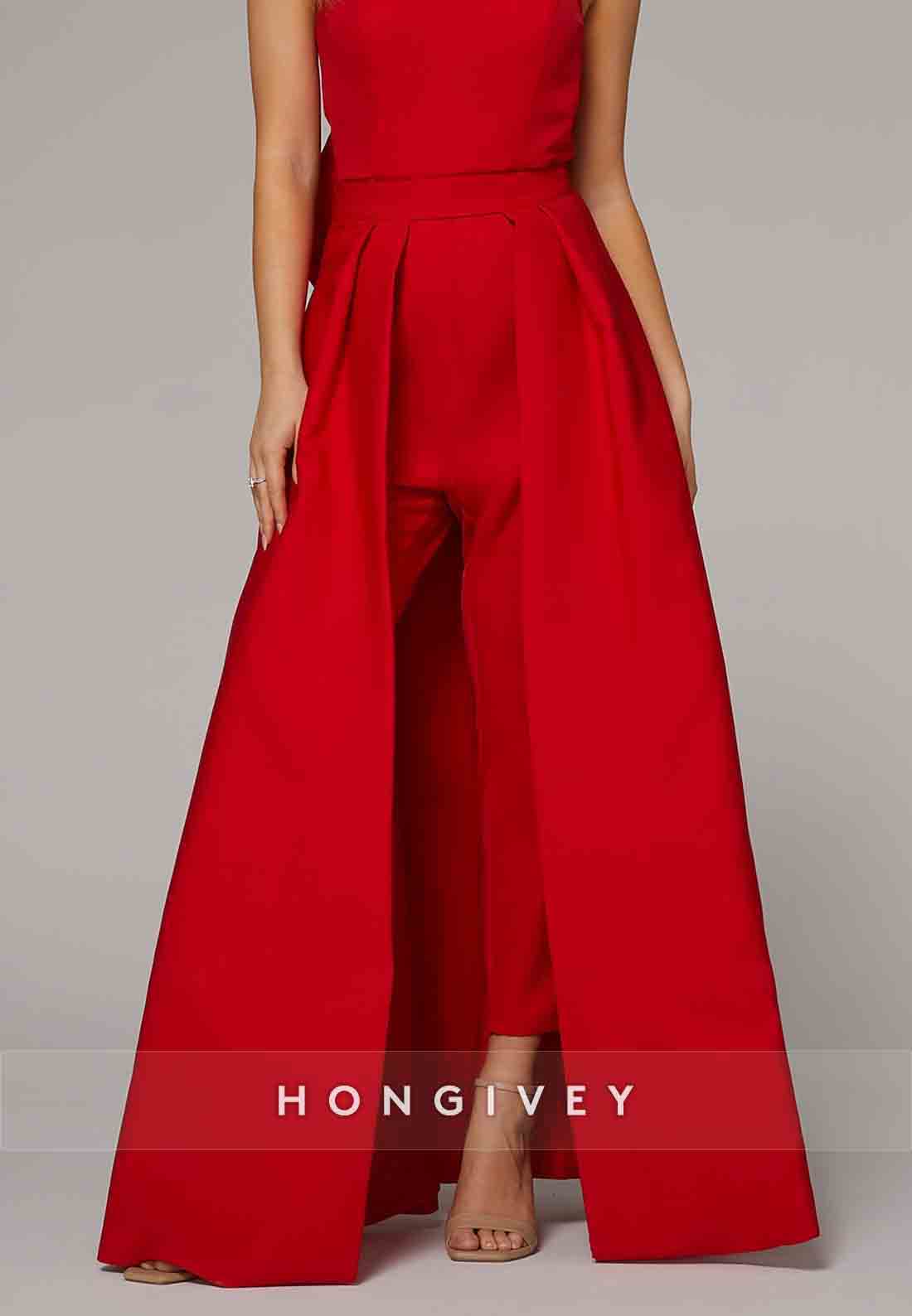 Jumpsuits Floor Length Red Sleeveless Sweetheart Evening Gown with Pocket