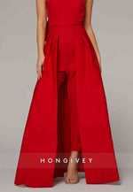 Jumpsuits Floor Length Red Sleeveless Sweetheart Evening Gown with Pocket