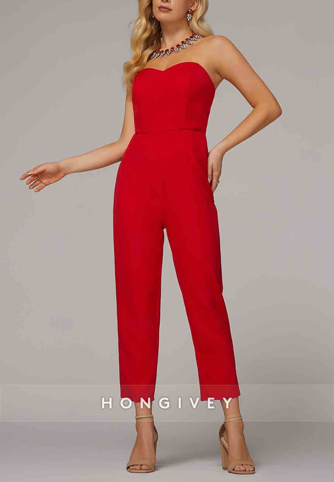 Jumpsuits Floor Length Red Sleeveless Sweetheart Evening Gown with Pocket