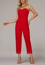 Jumpsuits Floor Length Red Sleeveless Sweetheart Evening Gown with Pocket