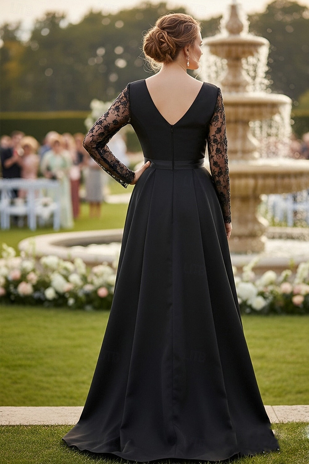 Black V-Neck Long Sleeve A-Line Backless Women Evening Dress