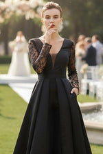 Black V-Neck Long Sleeve A-Line Backless Women Evening Dress