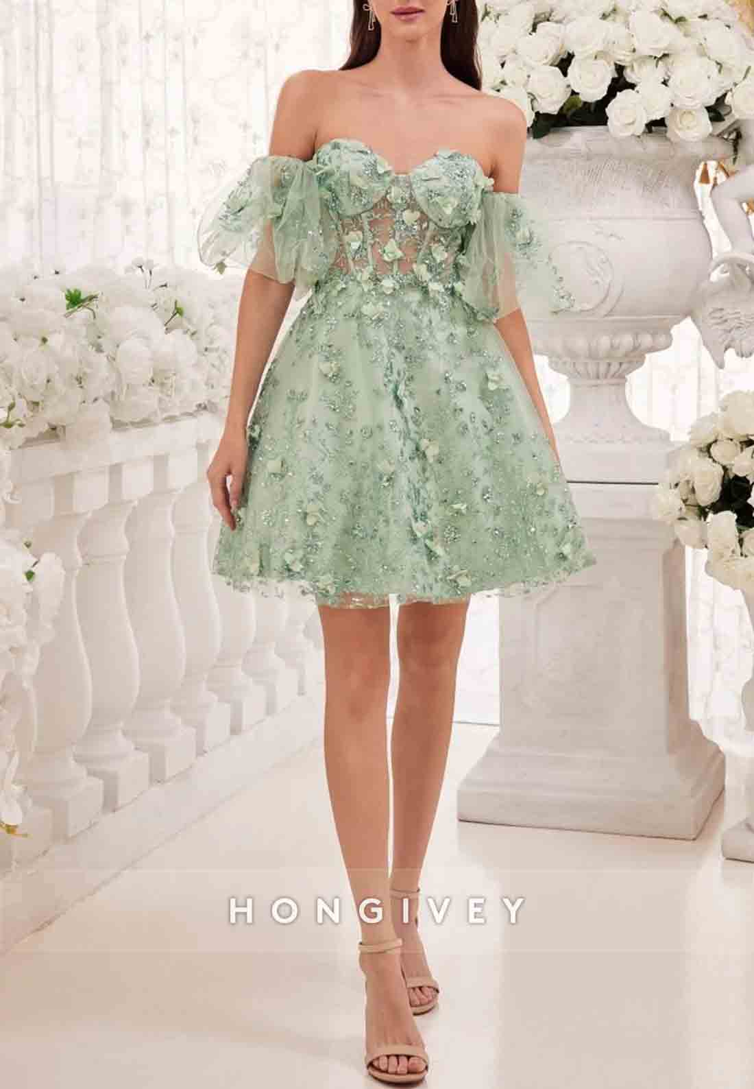 Off the Shoulder A-Line Appliqued Pleated Mini Homecoming Dress with Short Sleeves