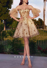 Off the Shoulder A-Line Appliqued Pleated Mini Homecoming Dress with Short Sleeves