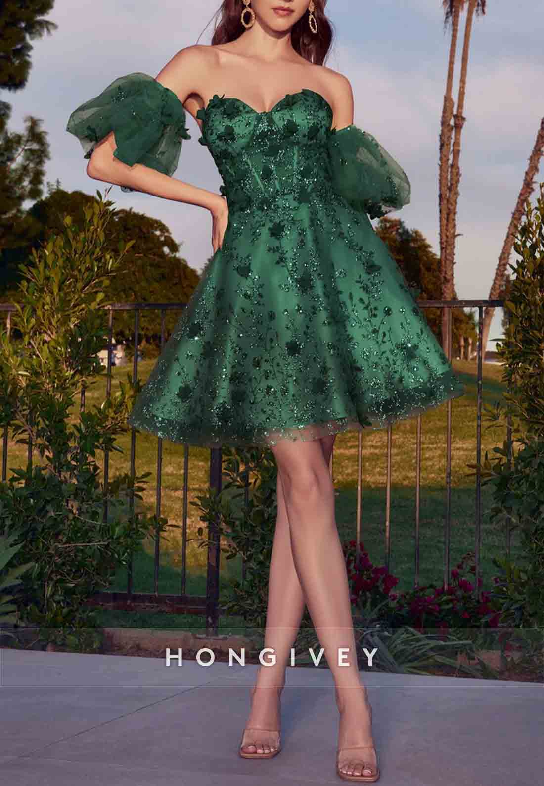 Off the Shoulder A-Line Appliqued Pleated Mini Homecoming Dress with Short Sleeves