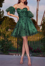 Off the Shoulder A-Line Appliqued Pleated Mini Homecoming Dress with Short Sleeves