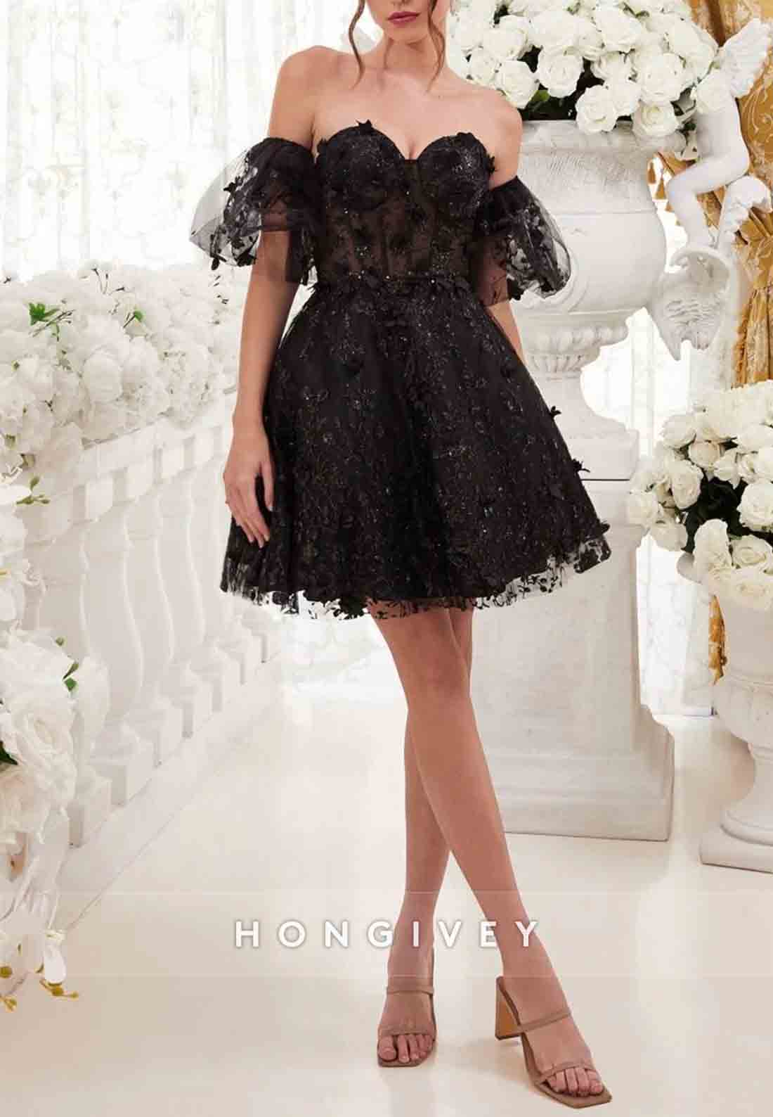 Off the Shoulder A-Line Appliqued Pleated Mini Homecoming Dress with Short Sleeves