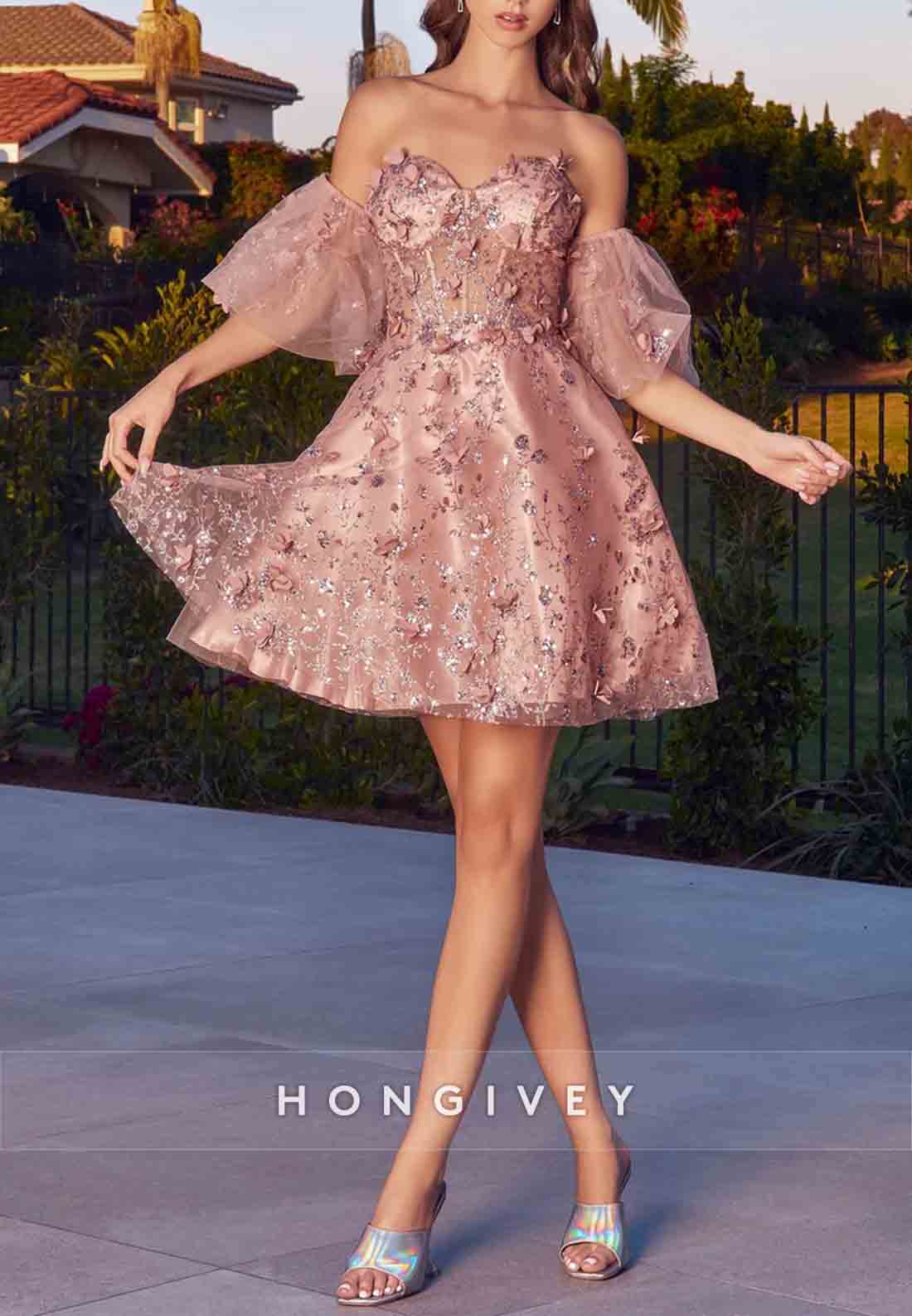 Off the Shoulder A-Line Appliqued Pleated Mini Homecoming Dress with Short Sleeves