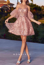 Off the Shoulder A-Line Appliqued Pleated Mini Homecoming Dress with Short Sleeves