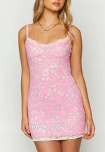 Lace Spaghetti Straps Sheath Pink And White Lace Mini Homecoming Dress