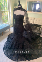 Gothic Black Mermaid Wedding Dress with Cape Veil & Removable Sleeves