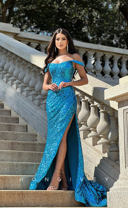 L0959 - Fully Sequined Off-Shuolder High Slit With Train Party Evening  Prom Dress