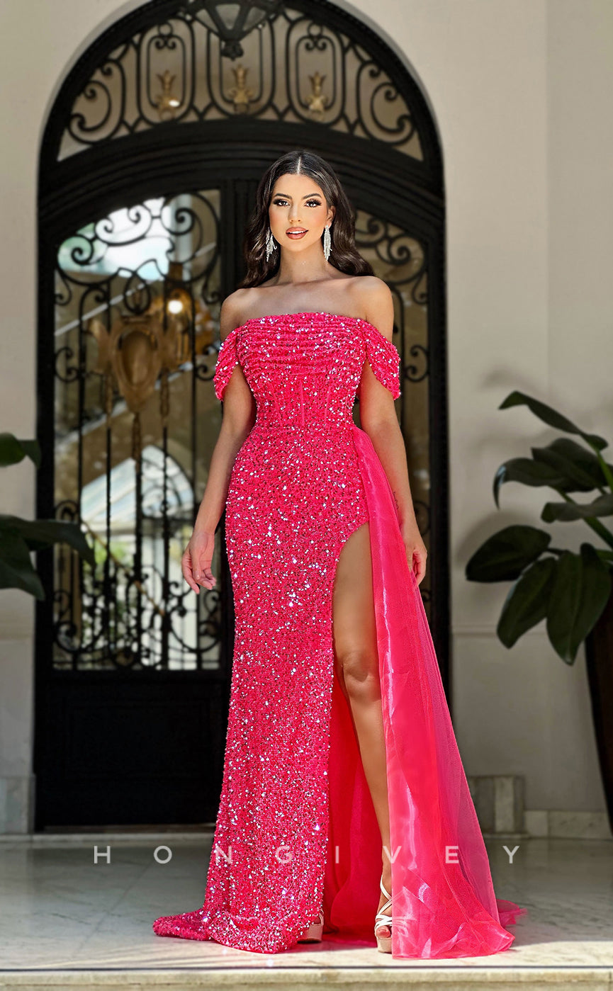 L0960 - Fully Beaded Off-Shuolder High Slit With Train Party Evening  Prom Dress
