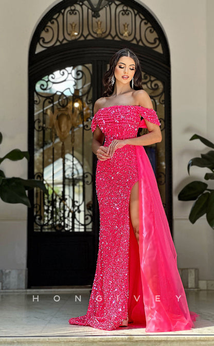 L0960 - Fully Beaded Off-Shuolder High Slit With Train Party Evening  Prom Dress