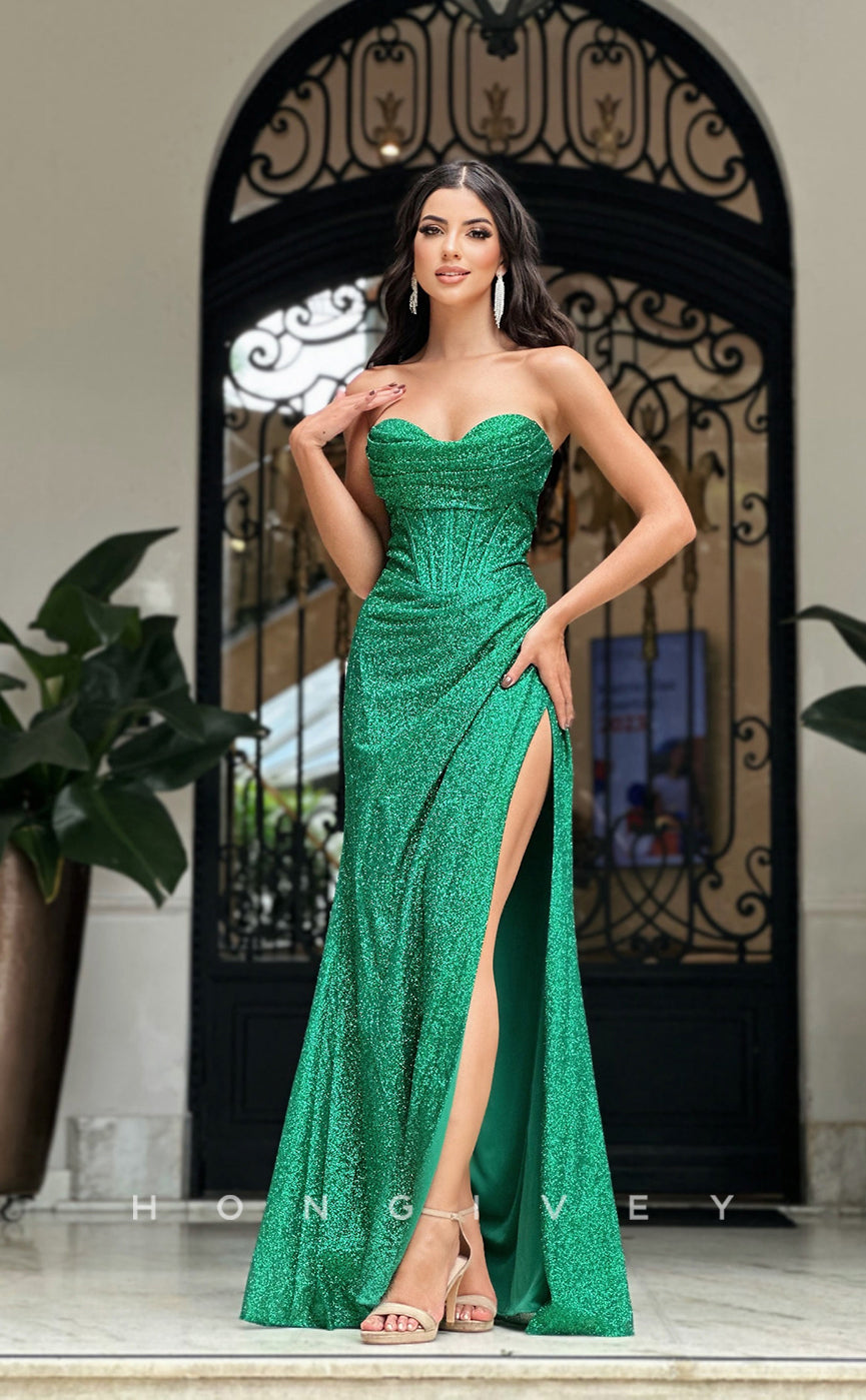 L0962 - Sparkly Fully Sequined Sleeveless High Slit With Train  Evening Party Prom Dress
