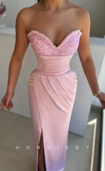 L0948 -Beaded Lace Satin Paneled Sleeveless With Slit Evening Party Prom Dress