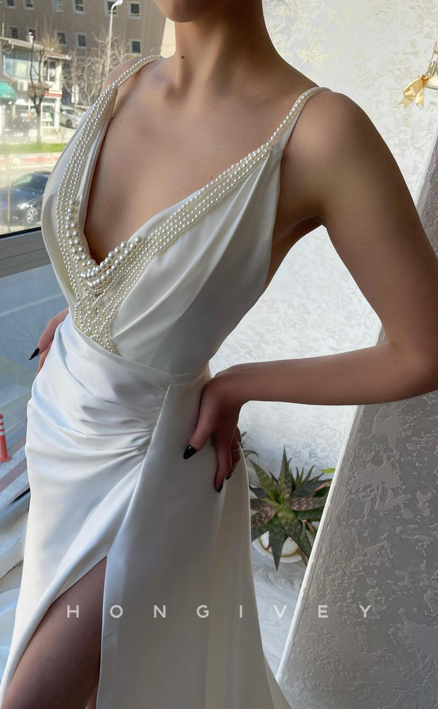 L0953 - Pearl Embellished Deep V-Neck With Slit And Train Party Evening Formal Dress