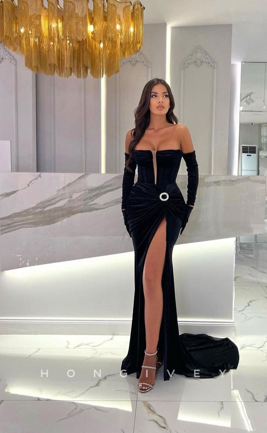 L0954 - Sexy Plunging Illusion With Train And High Slit Formal Evening Party Prom Dress