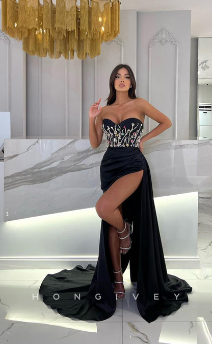 L0957 - Ornate Crystal Beaded Sleeveless With Train And Slit Evening Party Formal Dress