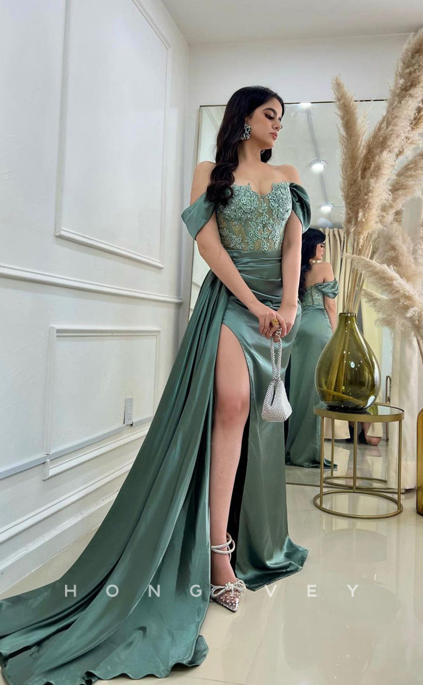 L1007 - Lace Embroidered Illusion With Train And Slit Evening Formal Party Prom Dress