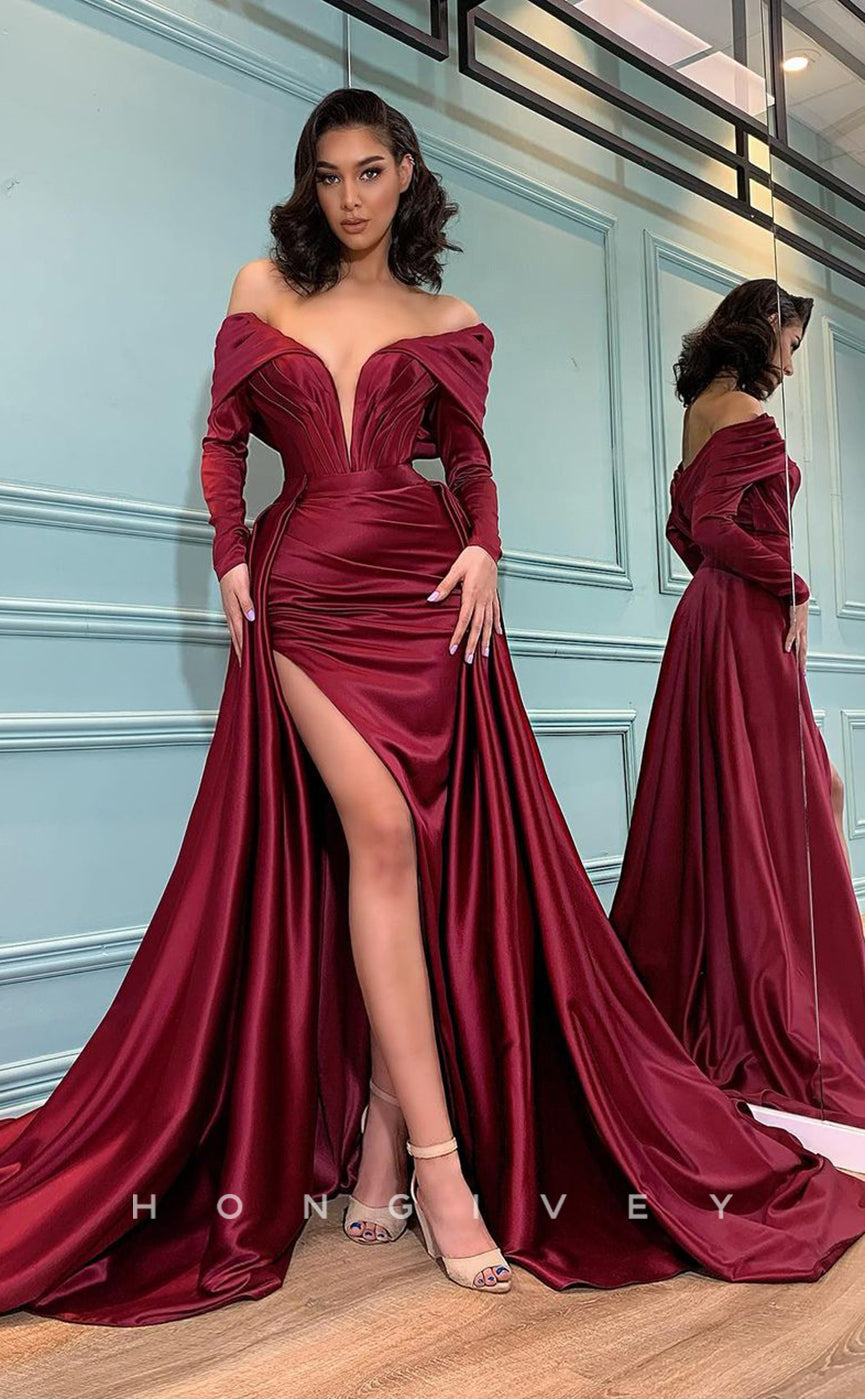 L1018 - Couture Plunging Illusion Sleeves With Train And Slit Formal Party Prom Evening Dress