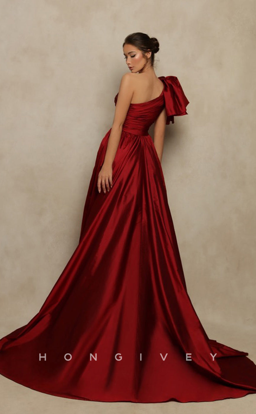 L0930 - Ornate Pleated High Slit Train Trumpet With Bow Detail Evening party Prom Dress