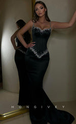 Couture Rhinestone Embellished  V-Neck Train Evening Party Prom Dress