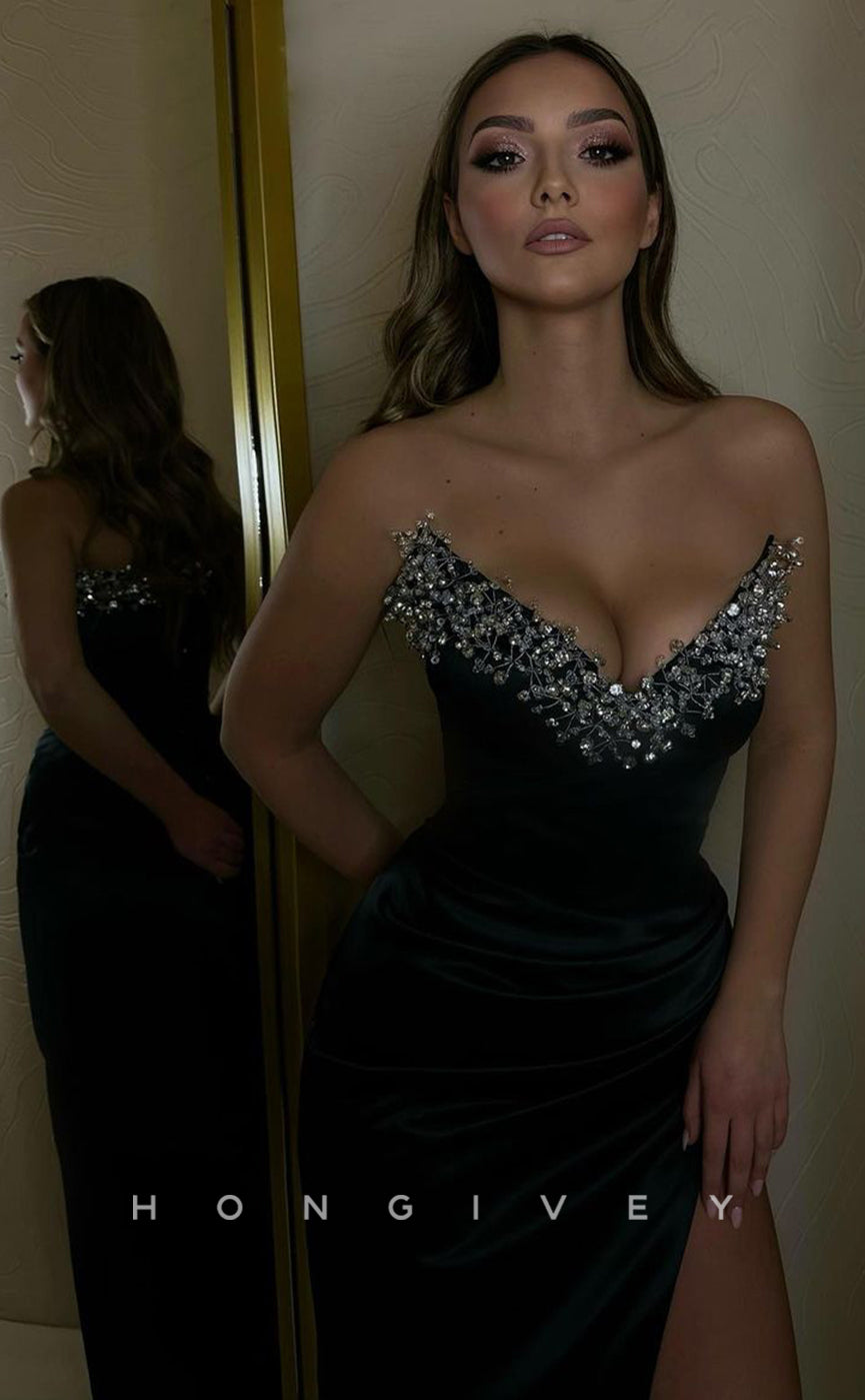 L0938 - Sexy Beaded Embellished Ruched High Slit V-Neck Evening Prom Party Dress