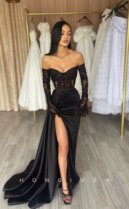 L0941 - Lace Applique sheer High Slit With Train Evening Party Prom Dress
