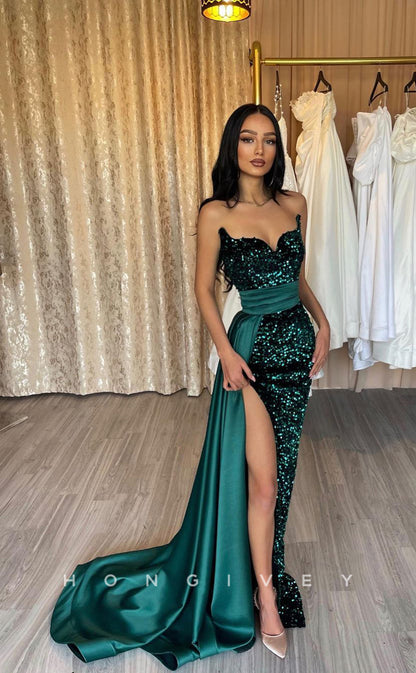 L0943 - Sequins Stain Paneled Sparkly High Slit With Train Party Evening  Prom Dress