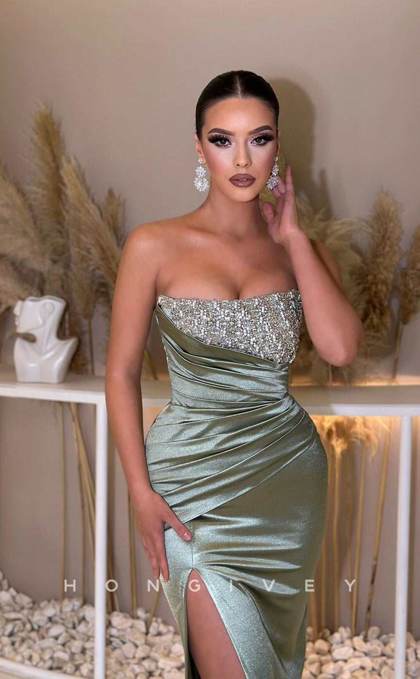 L0951 - Sparkly Ormate Sheer Beaded Tube Top Paneled High Slit With Train  Evening Party Prom Dress