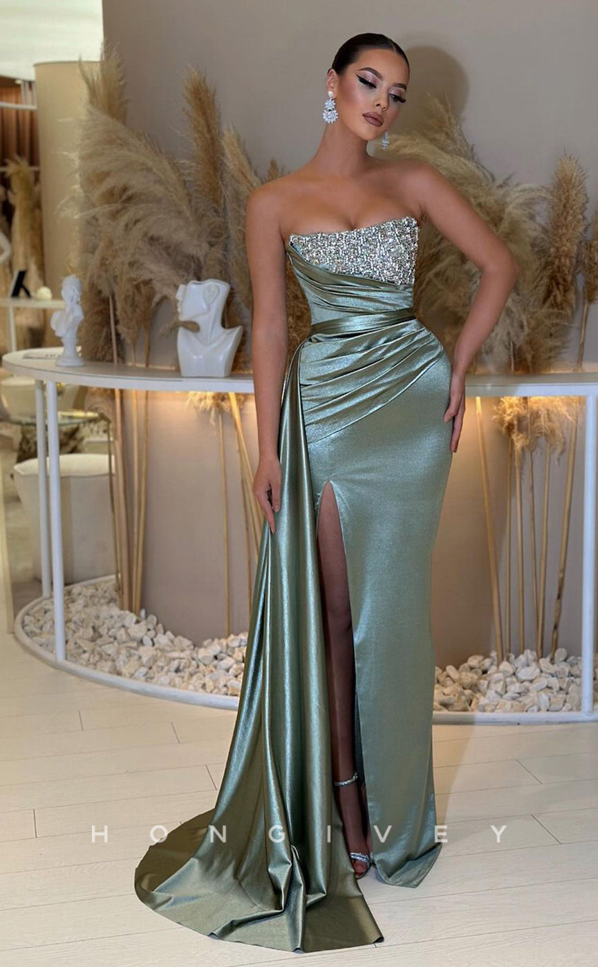 L0951 - Sparkly Ormate Sheer Beaded Tube Top Paneled High Slit With Train  Evening Party Prom Dress