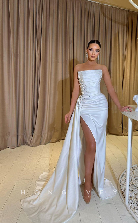 L0954 - Beaded Embellished Strapless High Slit With Train Party Evening  Prom Dress