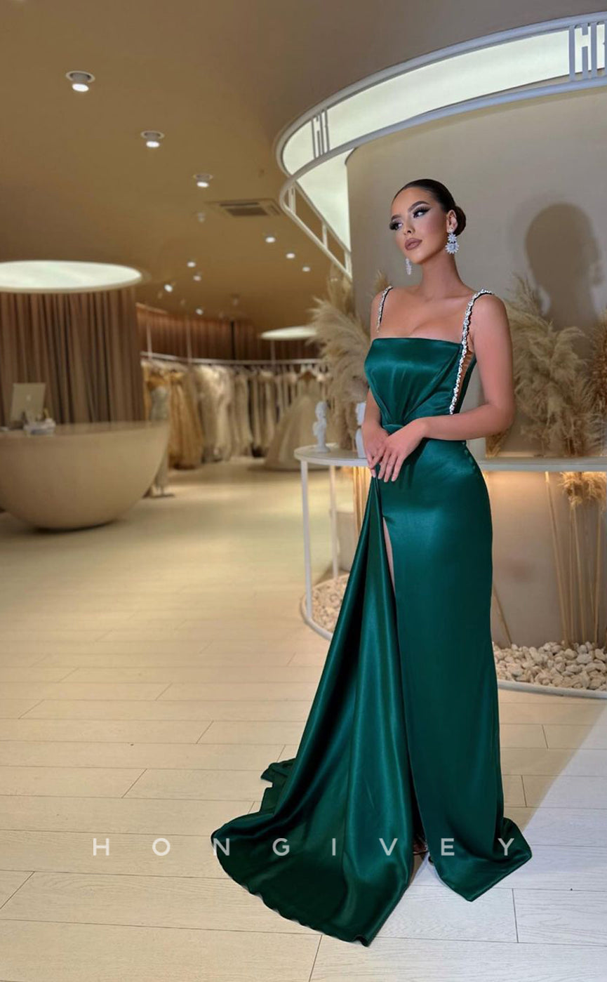 L0957 - Crystal Beaded Halter High Slit With Train Evening Party Prom Dress