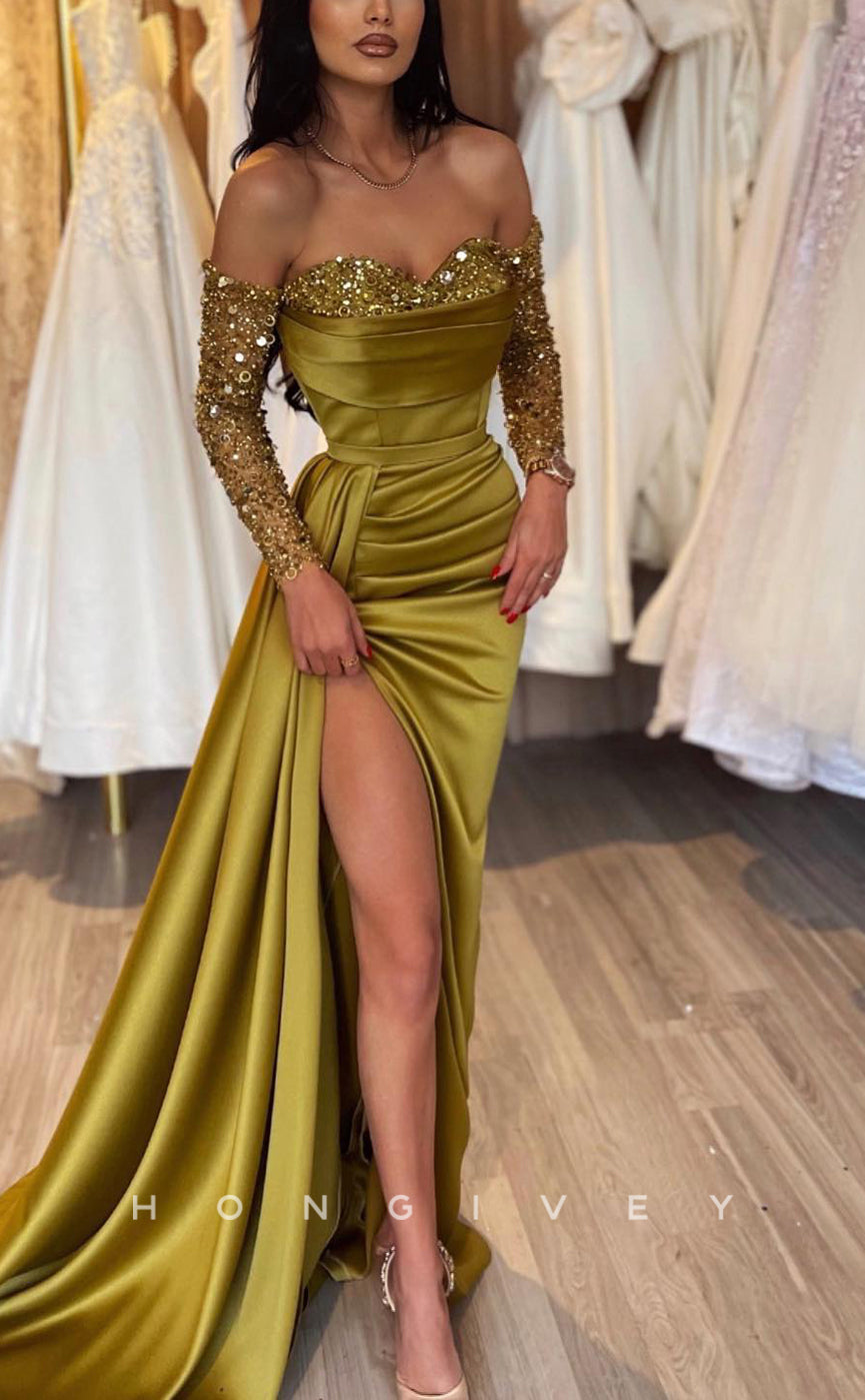 L0965 - Glitter Sequined Embellished With Train And High Slit Formal Evening Party Prom Dress