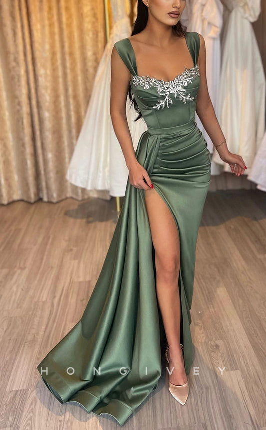 L0969 - Sparkly Crystal Beaded With Train And High Slit Evening Party Formal Prom Dress