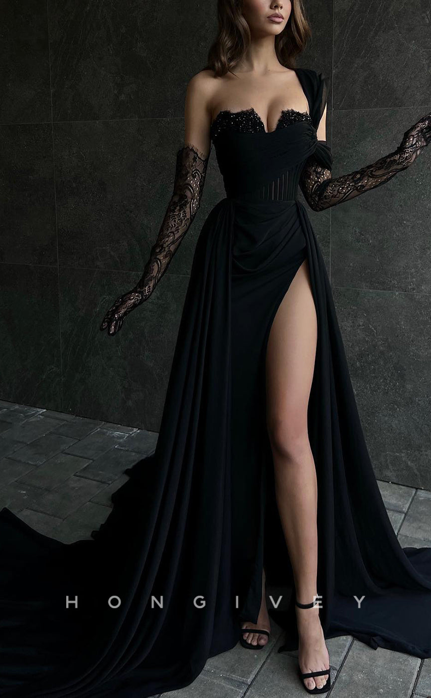 L0979 - Sexy Illusion Asymmetrical Lace Sleeves With Train and High Slit Party Prom Formal Evening Dress