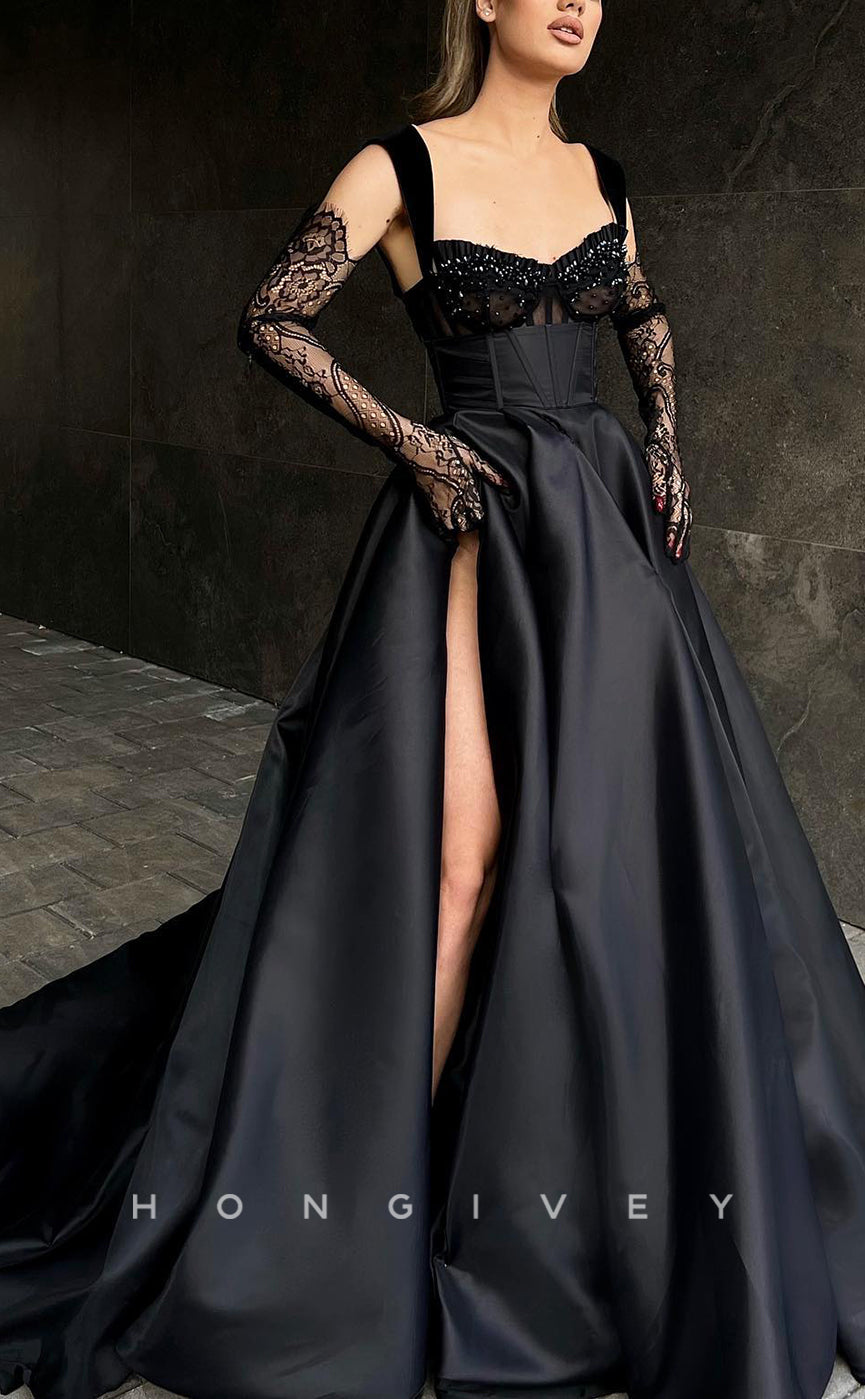 L0980 - Sexy Ornate Illusion Lace Sleeves With Train and High Slit Party Prom Formal Evening Dress