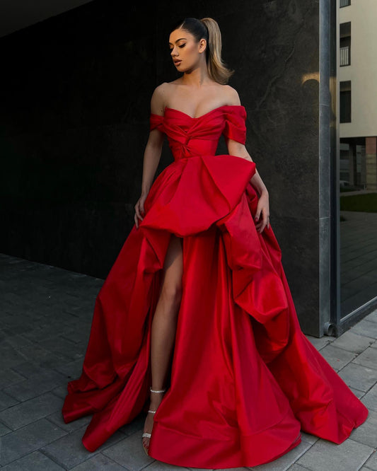 Simple Satin A-Line Off-Shoulder Empire With Side Slit Long Prom Dress